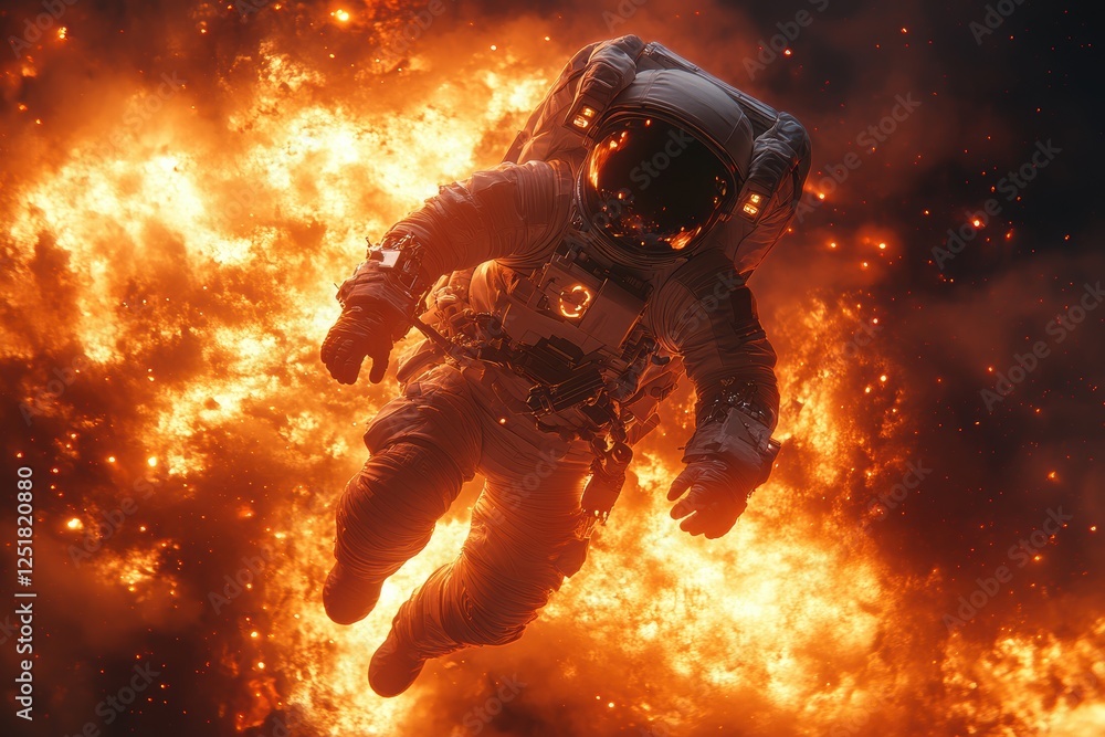 Poster astronaut floating in space amidst a fiery explosion.