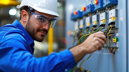 An electrician works diligently on a control panel, adjusting wires and ensuring proper connections in a safe environment.