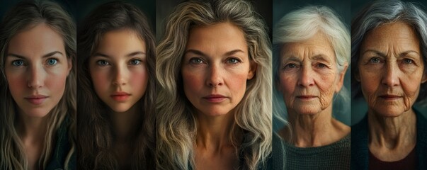 Fototapeta premium Aging process of women from teenager to senior, concept of aging, growing old, different generations