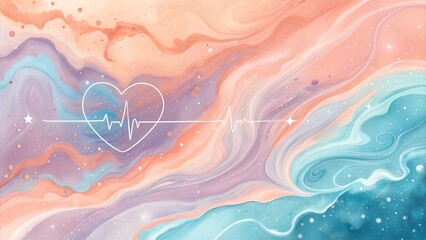 Soft Watercolor Heartbeat Line in Pastel Fluid Art
