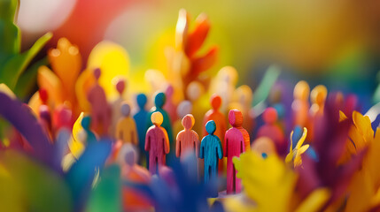 Colorful wooden toy people crowd together in a close-up shot. This image represents the concept of a human social network