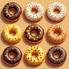 Variety of Glazed and Topped Donuts in a Beautiful Arrangement