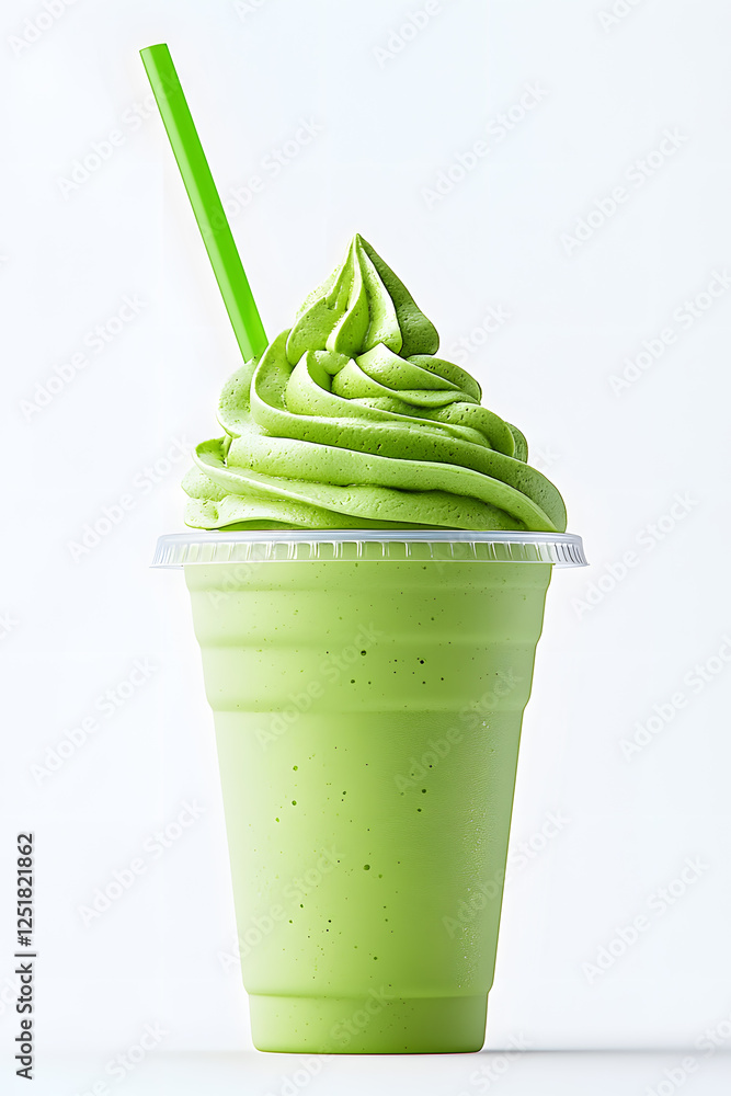 Sticker Green matcha milkshake in a plastic takeaway cup with straw, isolated on a white background