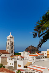 Garachico town in Tenerife with rock island as a background vertical view. A popular destination for day visitors. Focus on the green palm tree leaves.