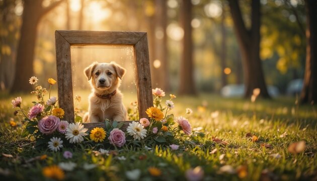 the funeral frame, where a beloved puppy is painted on the glass, surrounded by flowers, against the background of the setting sun, is very touching