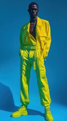 Stylish man in vibrant yellow outfit against a blue background