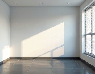 Fototapeta premium Illustration of empty room with sunlight from blinds on panoramic window and grey tile floor. Mockup template with copy space for interior design, apartments or real estate.