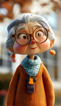 Lovable 3D grandmother cartoon illustration with a caring expression AI Generated