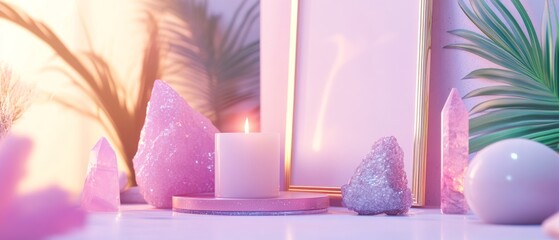 serene display of emotional wellness tools featuring crystals, candle, and mirror. soft pink hues create calming atmosphere
