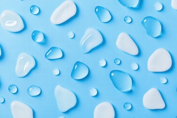 Varied water droplets scattered on a blue background create an elegant natural design. Generative AI