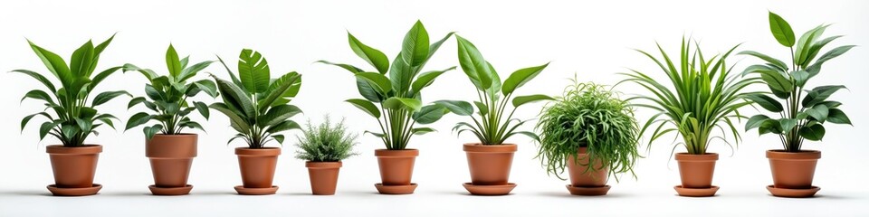 Collection of indoor houseplants in clay pots. Different green plants include ficus and herbs. Brown flowerpots line up isolated on a white background for modern home decoration.