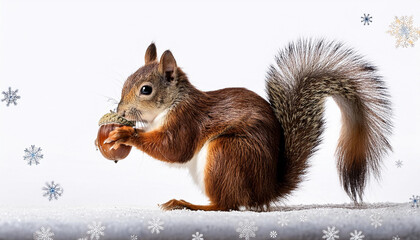Fototapeta premium squirrel with acorns and snowflakes white isolate heritage