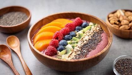 delicious and healthy smoothie bowl with fresh fruit granola chia seeds and nuts