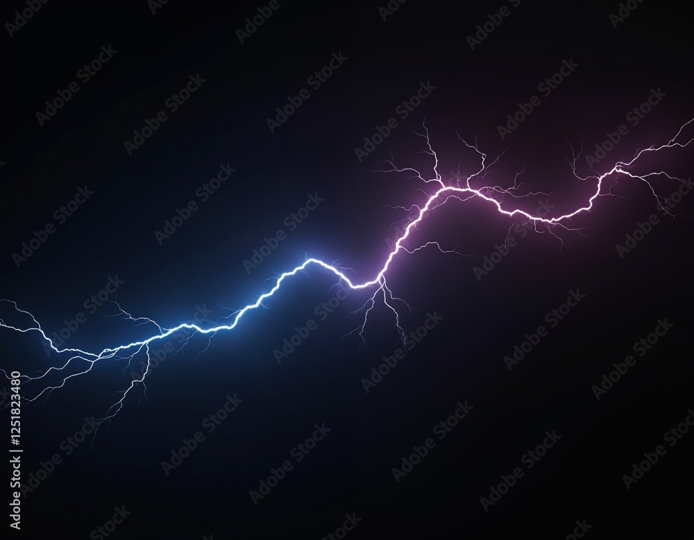 Poster dramatic display shows purple blue lightning bolt on black backdrop. represents nature power energy 