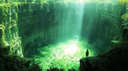 Obraz premium Man gazing at a lush cenote, sunlight beams through jungle foliage