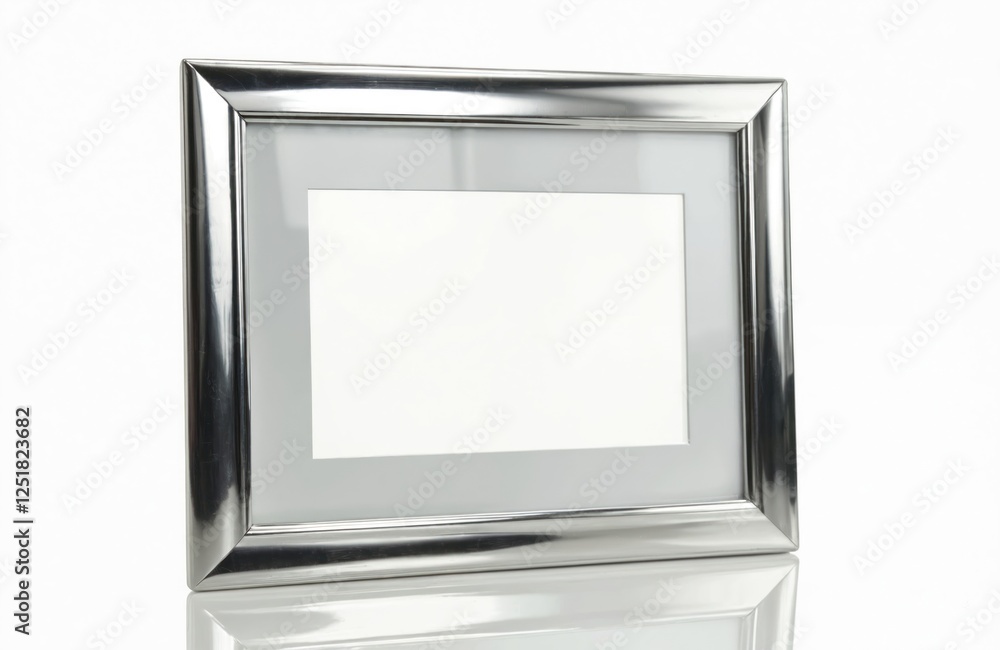 Poster silver metallic shiny picture frame with reflective surface on white background. stylish border edge