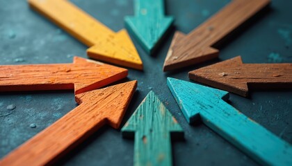 Wooden arrows point to center. Different colors symbolize diverse perspectives converging towards common goal, team collaboration, success. Concept for merger, acquisition, alliance, union.