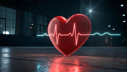 Glowing Red Heart with Digital ECG in a Dark Room