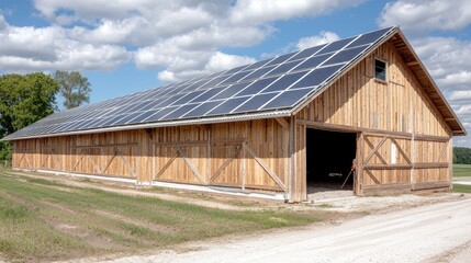Solar panels on wooden barn, rural landscape, sustainable energy