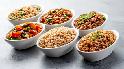 Six white bowls filled with different brown rice dishes, including vegetables and herbs, arranged on a textured gray surface.