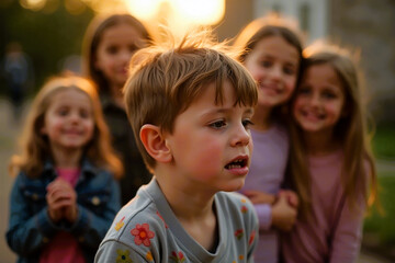 Fototapeta premium Toddler worries kids are laughing at him, background, International Day of Families picture