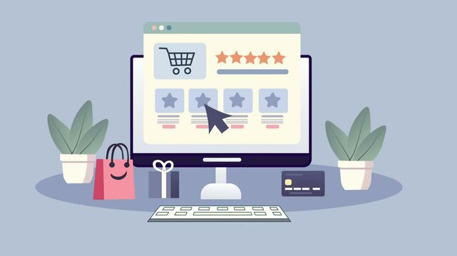 Flat design animation of an online shopping concept with a computer screen displaying a shopping website and customer reviews. with Credit card and Gift .