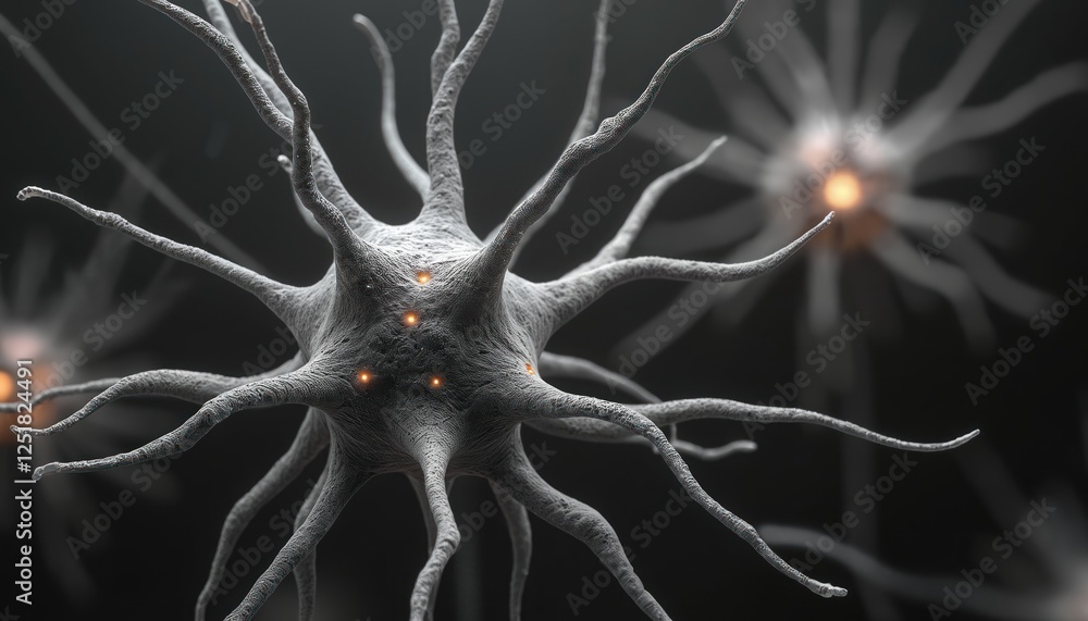 Poster Close-up illustration nerve cells neurons sending electrical signals in brain for neural activities. Useful for neuroscience topics, human intelligence, neurology, mental functions, memory,