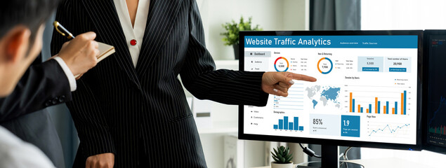 Computer software for website traffic analytics data on computer screen. Concept of SEO search...