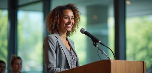 Smiling mixed race female speaker in business suit gives speech at conference. Woman addresses audience from wooden podium with microphone during corporate event. Public speaking, leadership, pro