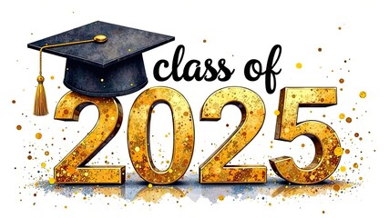 Gold-black text "Class of 2025" with graduation hat with tessel and gold confetti isolated on white background. Different color pastel ittustration. Theme of graduation concept