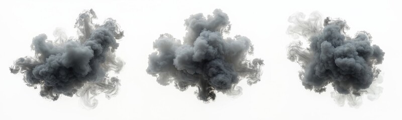 Set of gray smoke clouds isolated on white background. Perfect as design element, unique textures or special effect overlays. Smoky overlay, misty vapor with smooth cumulus, stormy mood.