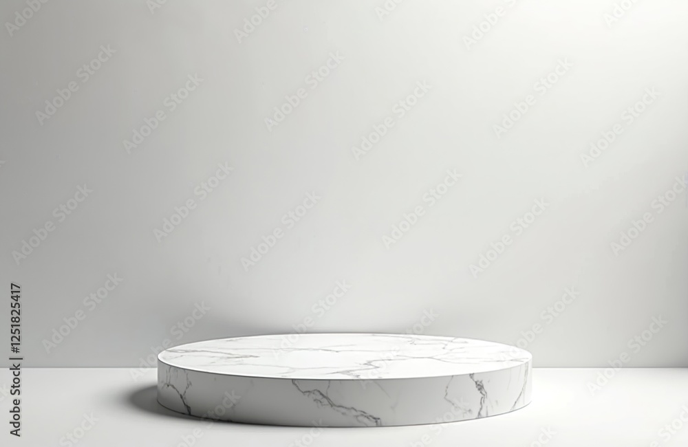 Poster clean studio setup displays marble podium. minimalist design showcases product. round platform gives