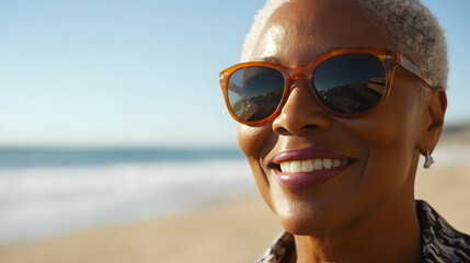 a beautiful senior African American woman wearing sunglasses and smiling at the camera on the beach
