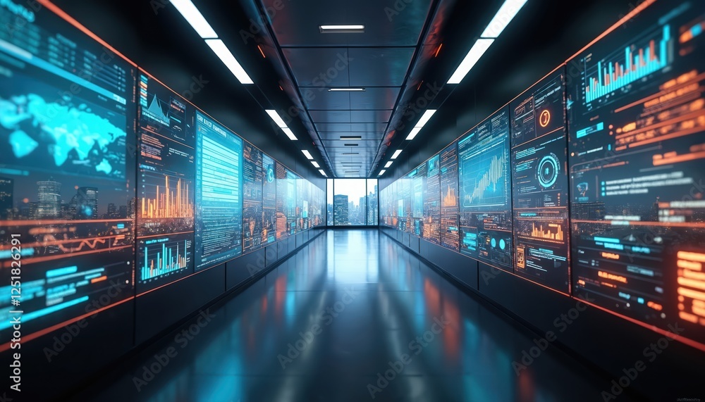 Aufkleber Futuristic data center hallway with multiple screens showing graphs, charts, code lines, city skyline. Concept of big data analytics, processing, digital transformation, AI, machine learning, cloud