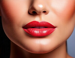 Fototapeta premium Close-up of lips featuring bold red lipstick and smooth skin under soft lighting