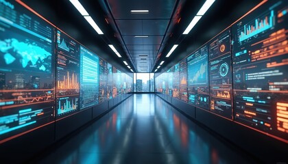 Futuristic data center hallway with multiple screens showing graphs, charts, code lines, city skyline. Concept of big data analytics, processing, digital transformation, AI, machine learning, cloud