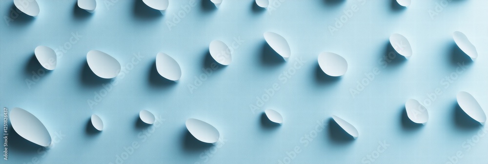Poster abstract design featuring an arrangement of white oval shapes on a soft blue background creating a m