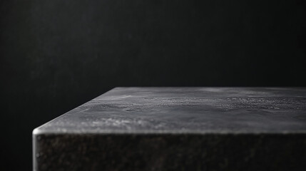 a heavy dark stone countertop with a textured surface illuminated by dramatic lighting against a black background
