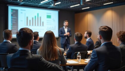 Audience listens to lecturer at conference meeting. Corporate manager gives business technology, economic forecast. People at seminar, presentation, training, corporate event. Public education,