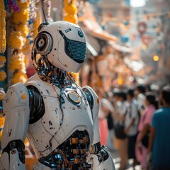 Futuristic Robot in Bustling Market with Colorful Decorations