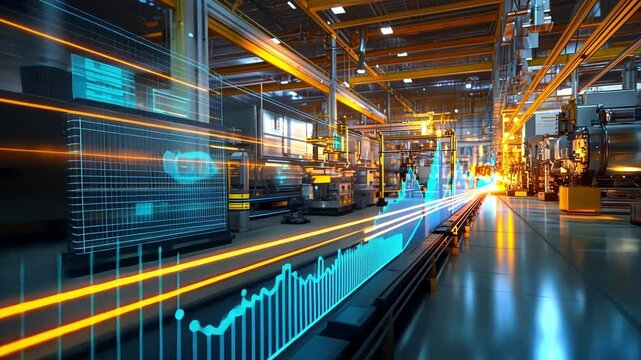 Futuristic data analysis overlaying increasing production statistics and charts across a modern automated industrial factory, illustrating industry 4.0 and smart manufacturing concepts