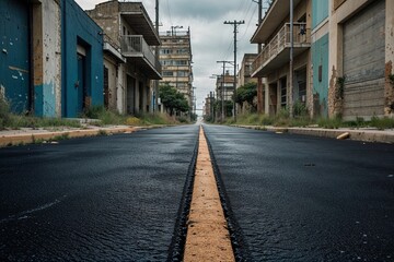 Ebony Pavement Road on a Quiet Abandoned Street with Diverse Studio Highlights
