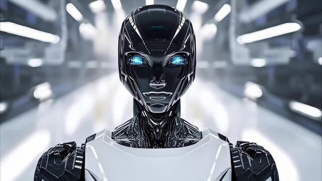 A futuristic humanoid robot with a shiny black exterior and glowing blue eyes, set in a high-tech environment.