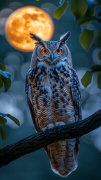 Great Horned Owl with Moonlit Backdrop