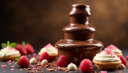 Elegant chocolate fountain cascading over sweets , sweet treat, reception