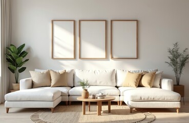 Three empty frames for posters in modern living room with white sofa beige pillows. Japandi interior style. Wall art mockup template. Elegant furniture home decoration apartment with wooden decor.