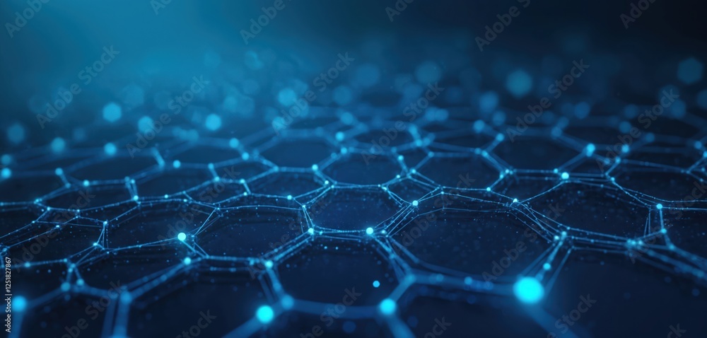 Aufkleber Blue tech background displays hexagons interconnected by lines. Visual represents futuristic network design. Suits digital artwork, business presentation tech solution innovation concept. Mobile,