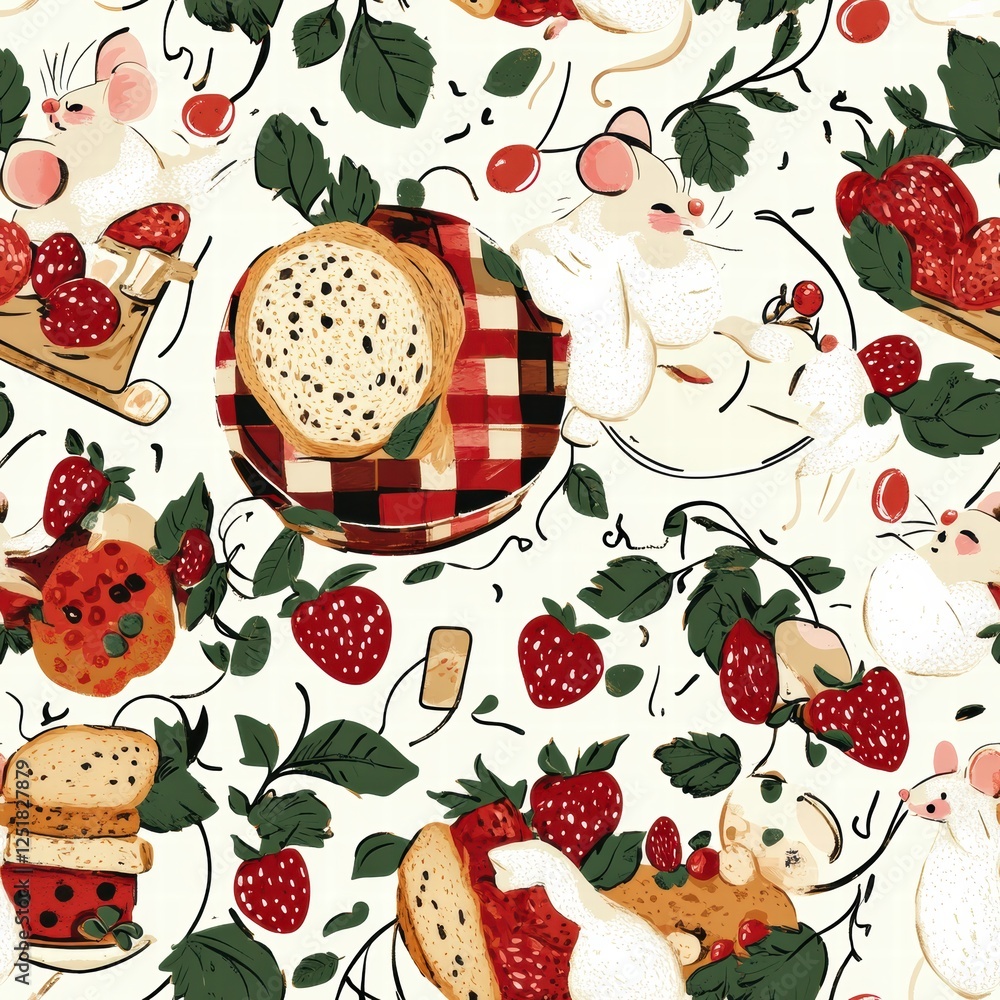 Poster cute mice enjoying a picnic with bread, strawberries, and cookies in a cheerful pattern design. gene