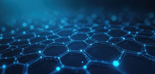 Obraz premium Blue tech background displays hexagons interconnected by lines. Visual represents futuristic network design. Suits digital artwork, business presentation tech solution innovation concept. Mobile,