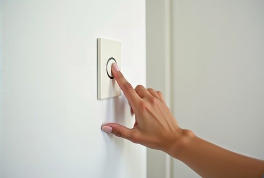 Woman ringing doorbell. Female finger presses the white doorbell button.